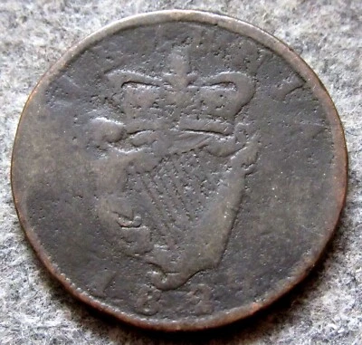 IRELAND GEORGE IV 1822 ONE PENNY, GAELIC HARP HIBERNIA, COPPER km# 151 - Image 1 of 4