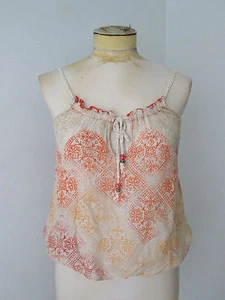 Free People semi sheer tan orange tile print tank top adjust lace straps beads 6 - Picture 1 of 4