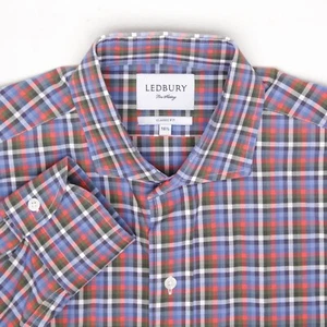 Ledbury Mens Dress Shirt 16.5/37 Blue Red Green White Check Plaid Spread Collar - Picture 1 of 4