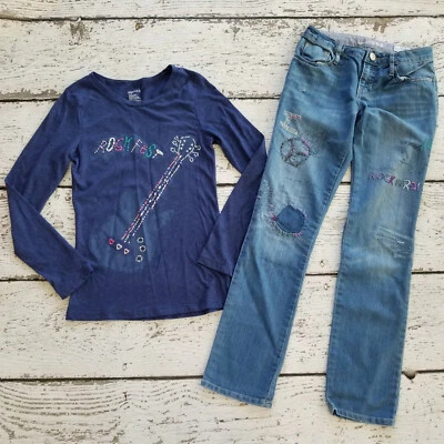 GAP KIDS 12 Girls Rock Star Guitar Embroidered Tee and Jeans Outfit DC-TT20 - Image 1 of 4
