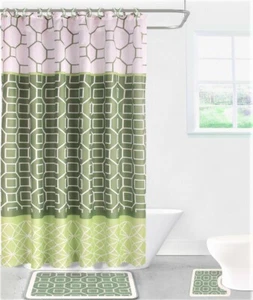 15PC NEW STYLES BATHROOM BATH MAT SET RUG CARPET FABRIC SHOWER CURTAIN HOOKS - Picture 1 of 36