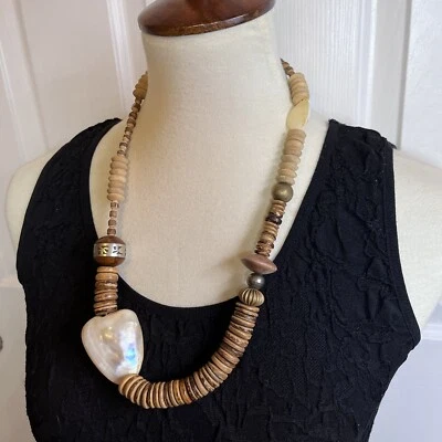 Mother of Pearl MOP Heart Shape Smooth Wood & Brass Bead Boho Islander Necklace - Image 1 of 4