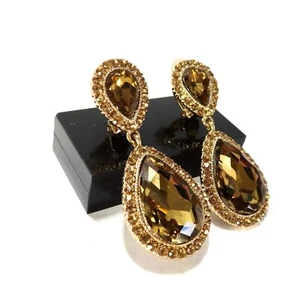Clip On Earrings Womens Brown Crystal Rhinestone Dangle Teardrop Wedding Evening - Picture 1 of 14