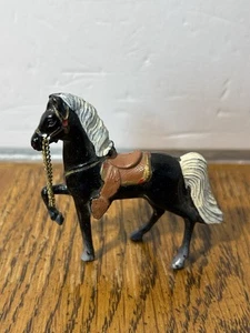 Vintage Cast Metal Toy Horse Black With White Mane & Tail With Chain Reins 1950s - Picture 1 of 14
