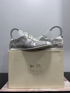 Coach Fedora Tennis Shoes Women’s Sz 8.5 M Metallic Silver Big Logo w/OG Box - Picture 1 of 22