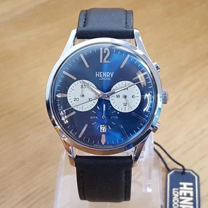 Herren Schwarz Leder Henry London Blau Knightsbridge HL41-CS-0039 Chrono Uhr NEU - Bild 1 von 9