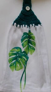 DARK TEAL Yarn  Crochet Top  FLORAL LEAVES  Print Cotton Kitchen Dishtowel - Picture 1 of 2