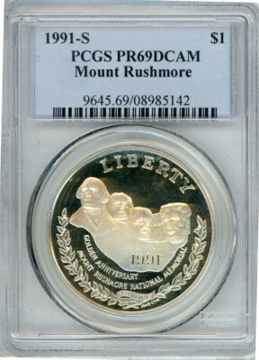 1991S MOUNT RUSHMORE COMMEMORATIVE DOLLAR PCGS PR69DCAM Cert. 08985142 - Image 1 of 2