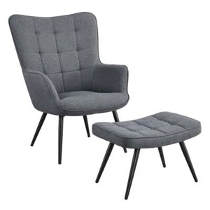 Accent Chair & Ottoman Set Modern Furniture Gray Living Room Fabric Armchair - Picture 1 of 5
