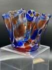 VTG Hand Blown Cobalt Blue/Orange  Art Glass Ruffled Handkerchief Vase Poland
