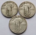 Lot of 3 Standing Liberty Silver Quarters. 1926, 1927, 1930, Three 25C coins