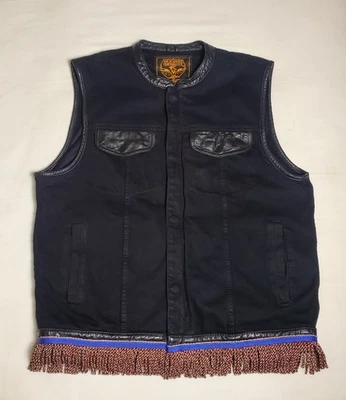 Hebrew Israelite Fringes Mens XLARGE XL Black Denim Leather Vest Conceal KJV - Image 1 of 4