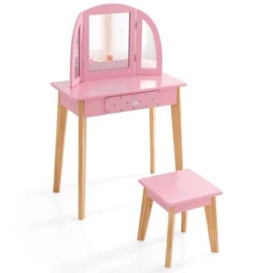 Kids Vanity Set With Mirror Stool Set Princess Children Makeup Pink - Picture 1 of 9