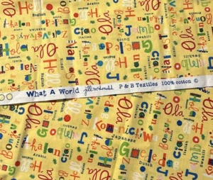 Novelty Fabric 1/2 Yd Hello In Different Languages Jill McDonald P&B Textiles - Picture 1 of 2