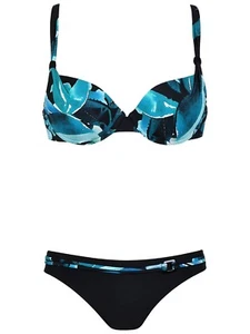 Ex Naturana Ladies Black/Aqua Leaf Print Wired Bikini Set - Size 10/32B - Picture 1 of 3