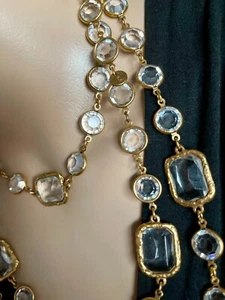 COLLECTORS * Signed 1981 * CHANEL Clear CHICKLET NECKLACE Gripoix 66” GoldPlated - Picture 1 of 24