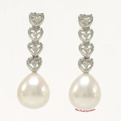 Solid 14k White Gold White Pearl & Diamond Dangle Earrings - Image 1 of 3