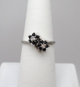 10K White Gold Blue Sapphire Diamond Flower Ring Size 6.5