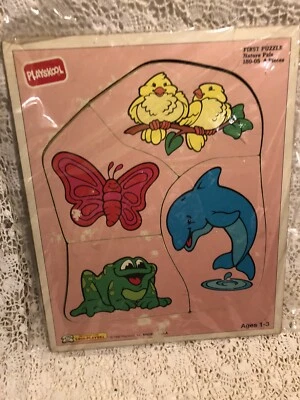 Playskool Wood 4 Piece Puzzle Butterfly Birds Frog Dolphin Vintage 1992 - Image 1 of 4