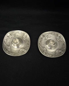 Beautiful Vintage Selangor Pewter 97% Floral Taper Candle Stick Holder Pair - Picture 1 of 7