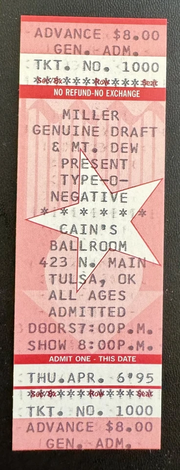 Type O Negative Concert Ticket 1995 Tulsa - Image 1 of 1
