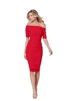 VENUS Red Ruched Mesh Bodycon Dress Size Medium Holiday Christmas Cocktail - Image 1 of 4