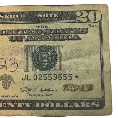 2009 $20 Dollar Bill Star Note JL 02559655 * - Image 1 of 4