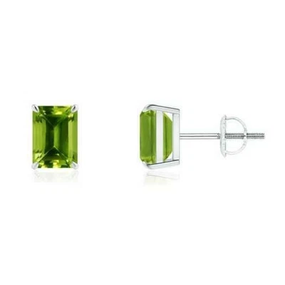 14k White Gold Natural Emerald Cut Peridot Solitaire Claw-Set Stud Earrings - Image 1 of 3
