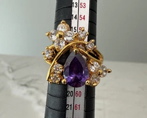 Faux Teardrop Amethyst & Diamond Gold Tone Cocktail Ring size 8 - Foto 1 di 9