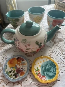 Country Garden Teapot The Pioneer Woman Ceramic Teal Blue 23oz 2 Coasters,3 Mugs - Picture 1 of 9