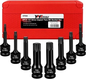 8 Pcs Impact Torx Bit Socket, 1/2" Drive, T30-T80 Long Impact Star Bit, Adapter - Picture 1 of 5