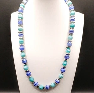 Glass Blue Teal Silver White Necklace Frosted Matt Beads Adjustable Nautical - Picture 1 of 13