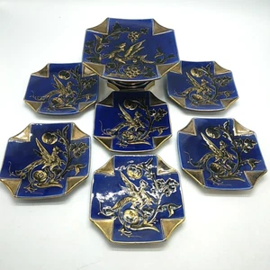 Blue & Gold Coloured Cake Stand & 6 8-sided Side Plates - Raised Bird Pattern - Picture 1 of 24