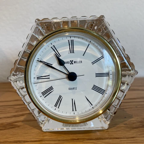 MODERN Howard Miller Germany Lead Crystal & Brass Frame desk clock *NEW BATTERY* Cover