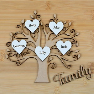 Árbol genealógico MDF y corazones blancos grabados personalizados pintados y brote de palabras familiares - Imagen 1 de 7