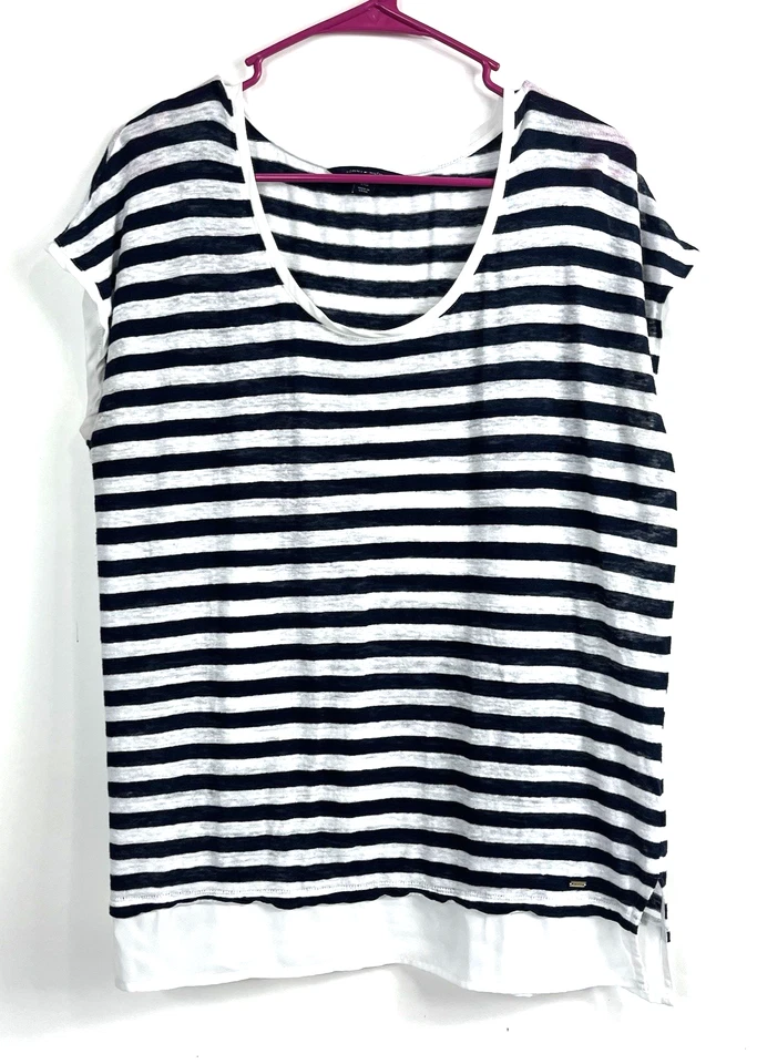 Blusa para mujer Tommy Hilfiger azul marino blanco a rayas cuello redondo sin mangas talla grande Foto 1 de 4
