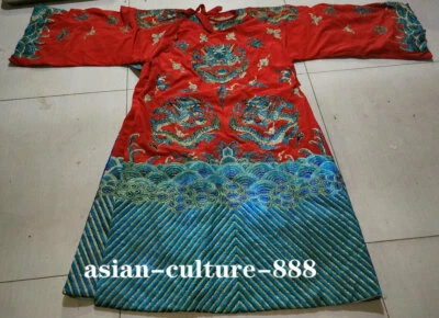 Rare Chinese Old Ancient Silk hand made Red Emperor King Dragon Robe Clothes - Image 1 of 4