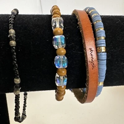 Lot Of 4 Bracelets Wood Leather “Strength” Glass Gold Silver Tone Metal Stretch - Image 1 of 4