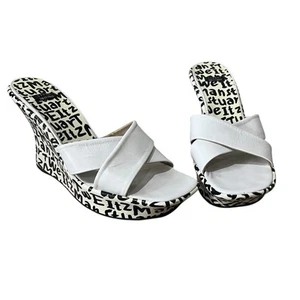 STUART WEITZMAN NEW BLACK & WHITE LEATHER GRAFFITI PRINT LOGO SANDAL WEDGE 9.5 - Picture 1 of 10