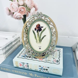 Enamel Metal Oval Picture Frame Flowers Gold Rhinestone Ornate Vtg 3.5”x5” - Picture 1 of 6