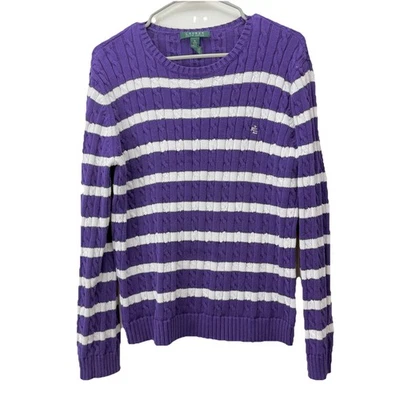 Suéter Pullover Ralph Lauren Rayas Púrpura Algodón Tejido con Cable Cuello Redondo Talla XL Foto 1 de 4
