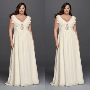 Simple Satin Wedding Dresses Cap Sleeve Full Length V Neck Ruching Bridal Gowns - Picture 1 of 15