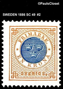 SUECIA 1886 SC 49 ESCUDO DE ARMAS BISTER Y AZUL OSCURO 1k MNG P13 F/MUY FINO #2 - Imagen 1 de 2