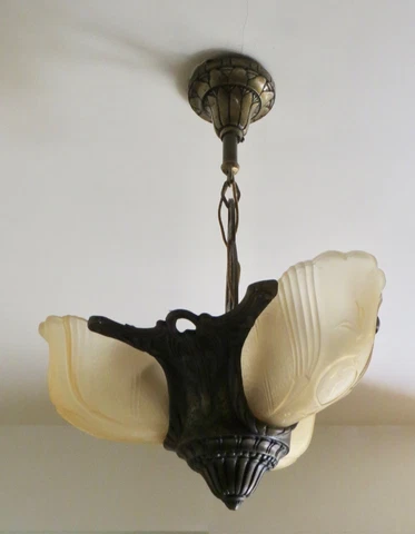 VINTAGE ART DECO METAL SLIP SHADE CEILING LIGHT FIXTURE 3 SHADES Cover