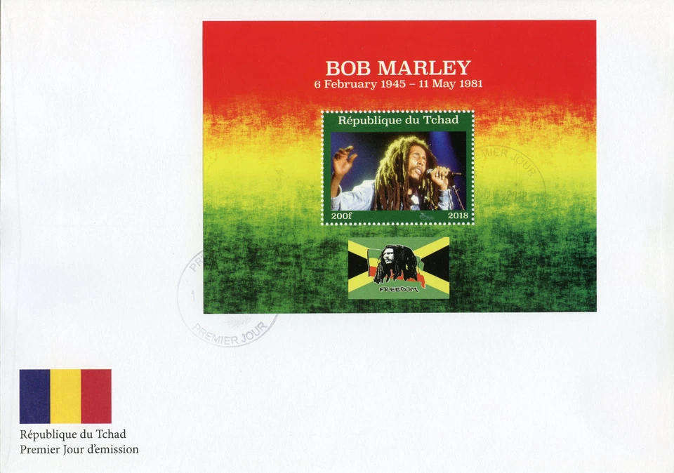 Chad 2018 FDC Bob Marley Reggae Music 1v M/S Cover Flags Famous People Stamps - Image 1 of 1