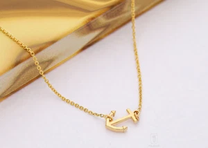 14K Massiv Gold Seitlich Anker Charm Anhänger Halskette Feiner Schmuck - Bild 1 von 10