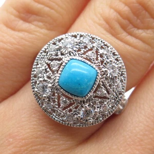 ROSS SIMONS 925 Sterling Silver Real Turquoise & Round-Cut C Z Ring Size 6.25 - Picture 1 of 9