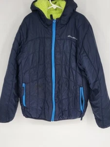 Eddie Bauer Blue Green Reversible Puffer Sherpa Hooded Jacket M Unisex 10/12 - Picture 1 of 15