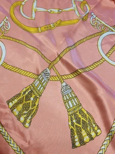 Silk Scarf Classic Salmon Pink Bridles Tassels 35" x 34" Soft Peach Rose - Picture 1 of 12