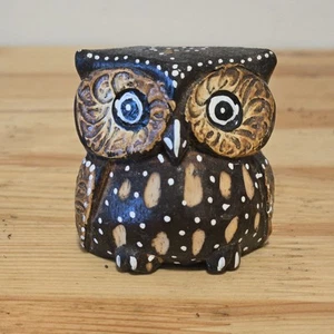 Vintage Carved Hand Painted Wooden Owl Folk Art Sculpture Decor 2" - Picture 1 of 6